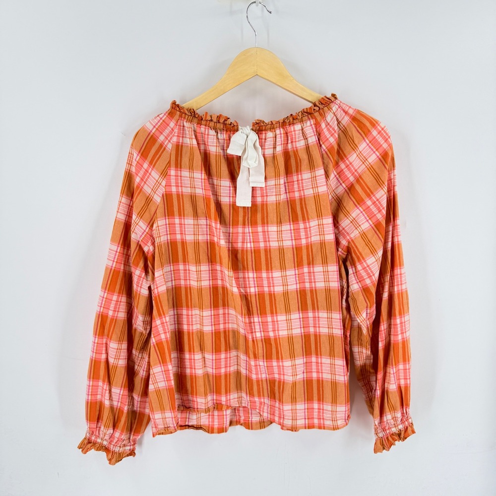 J. Crew Factory Plaid Ruffle Neck Blouse Orange XXL Coastal Cottagecore Boho - Picture 2 of 8